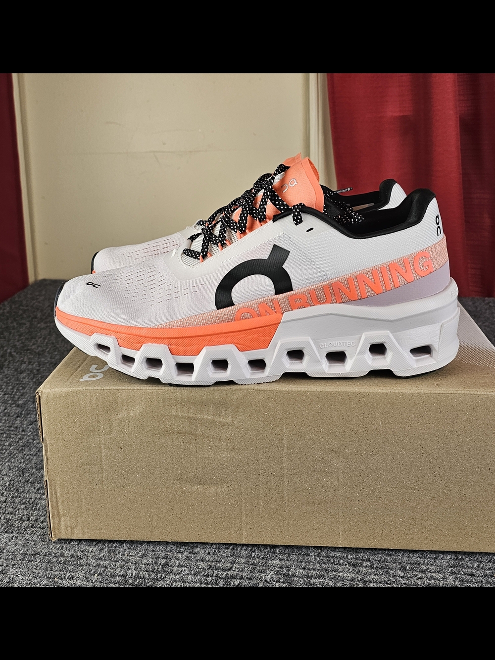 On Cloud Mens Cloudmonster 2 Running Shoes in White & Flame Orange New - Picture 2 of 7